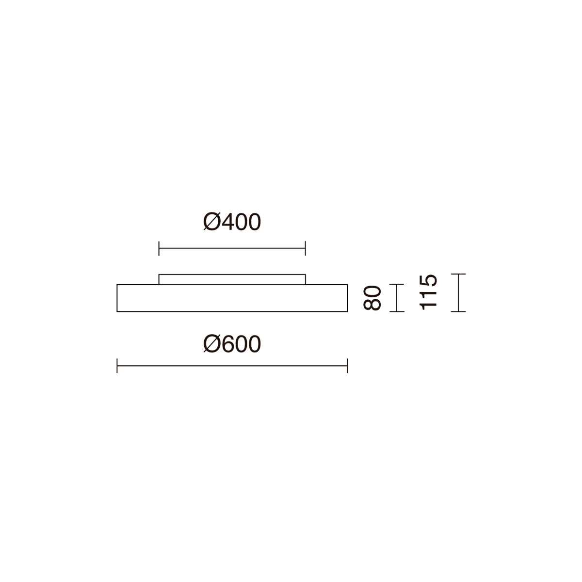 Schéma coté du plafonnier : diamètre 600 mm, hauteur 115 mm, embase 400 mm.