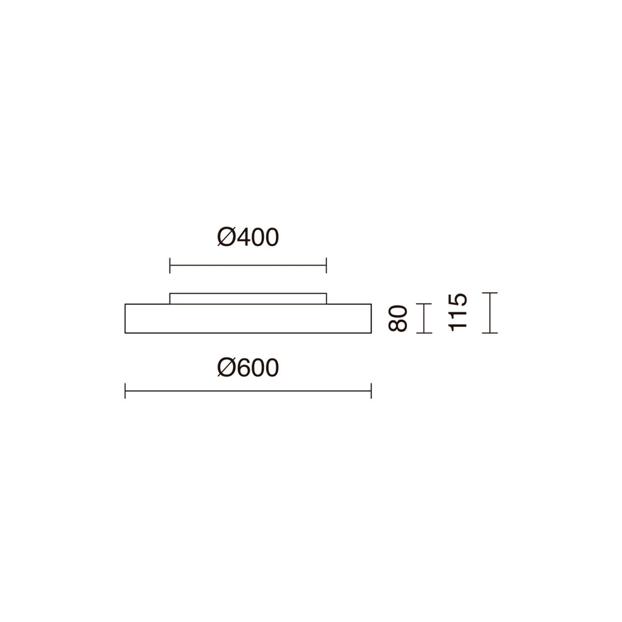 Schéma coté du plafonnier : diamètre 600 mm, hauteur 115 mm, embase 400 mm.