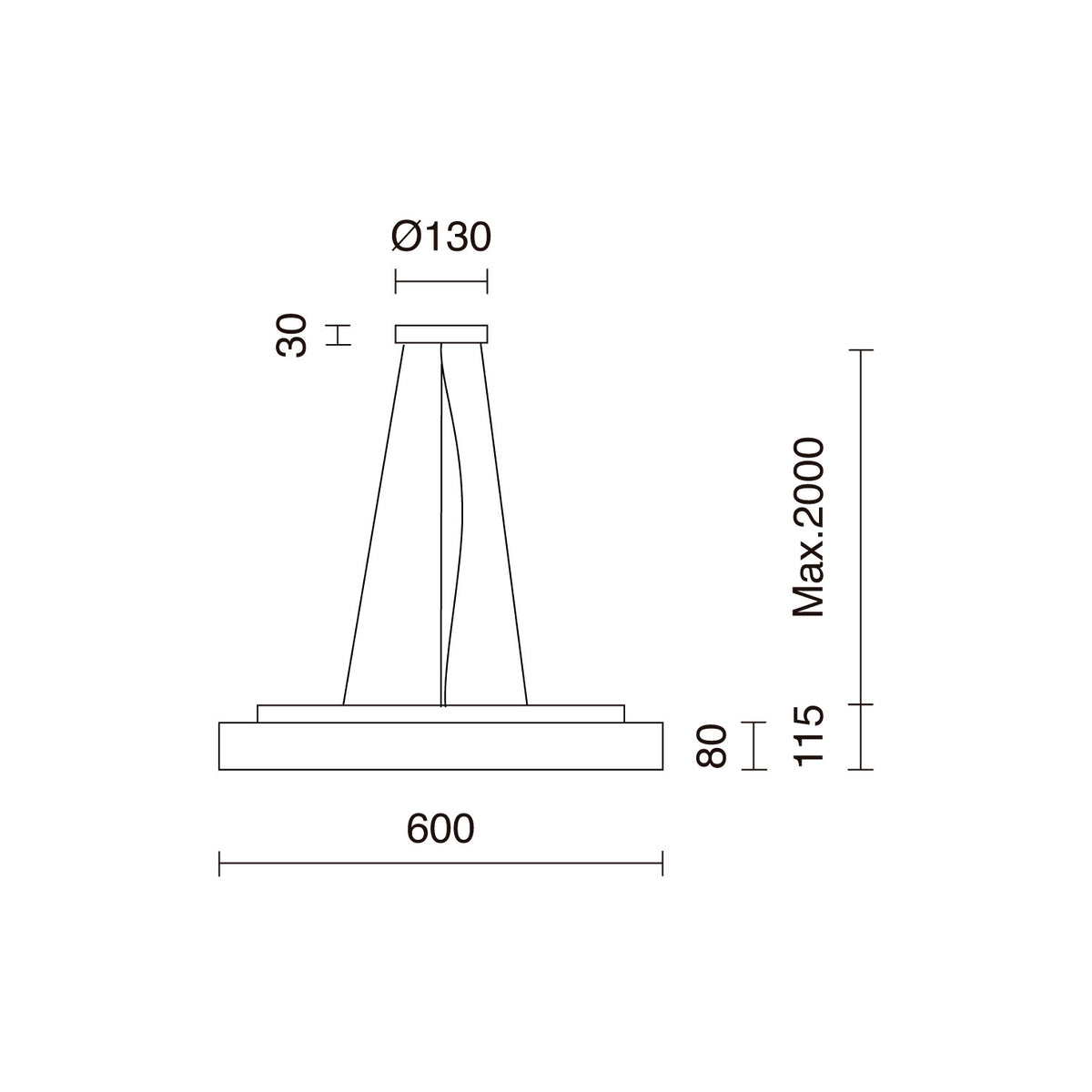 Schéma de dimensions du luminaire avec diamètre et hauteur de suspension