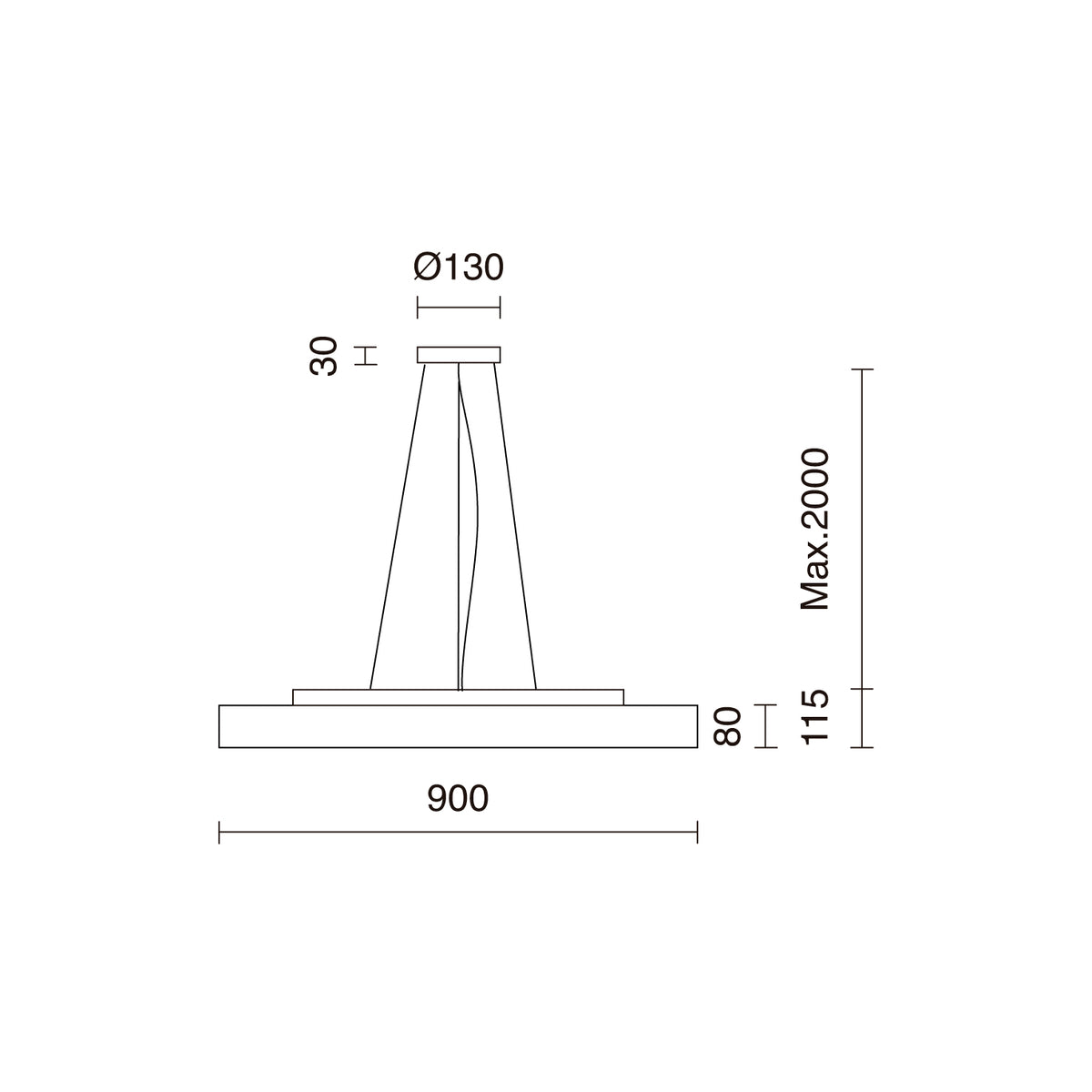 Schéma de dimensions du grand modèle : diamètre 900 mm et hauteur réglable.