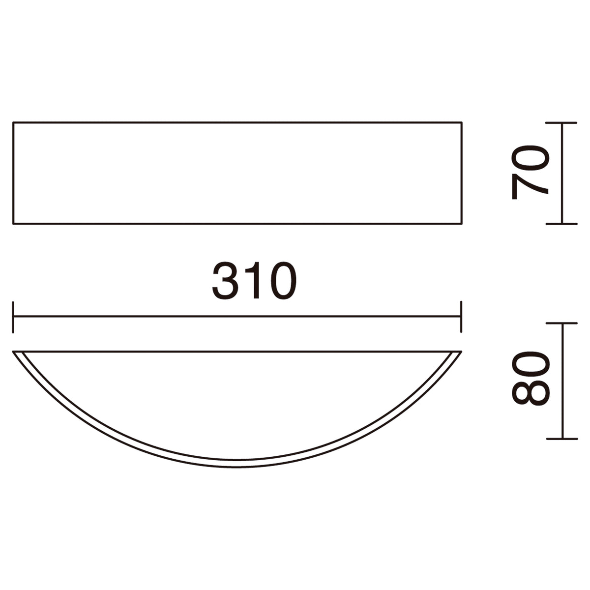 Schéma coté de l'applique avec dimensions 310 mm, 70 mm et 80 mm