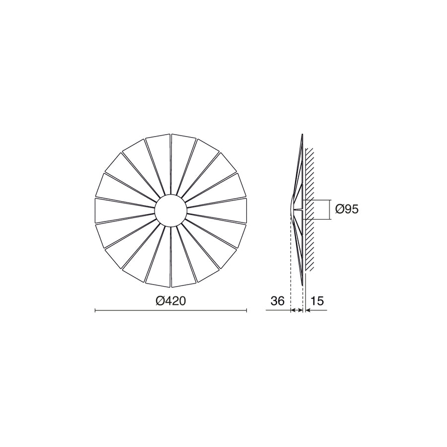 Schéma technique coté : diamètre 420 mm, profondeur 36 et 15 mm
