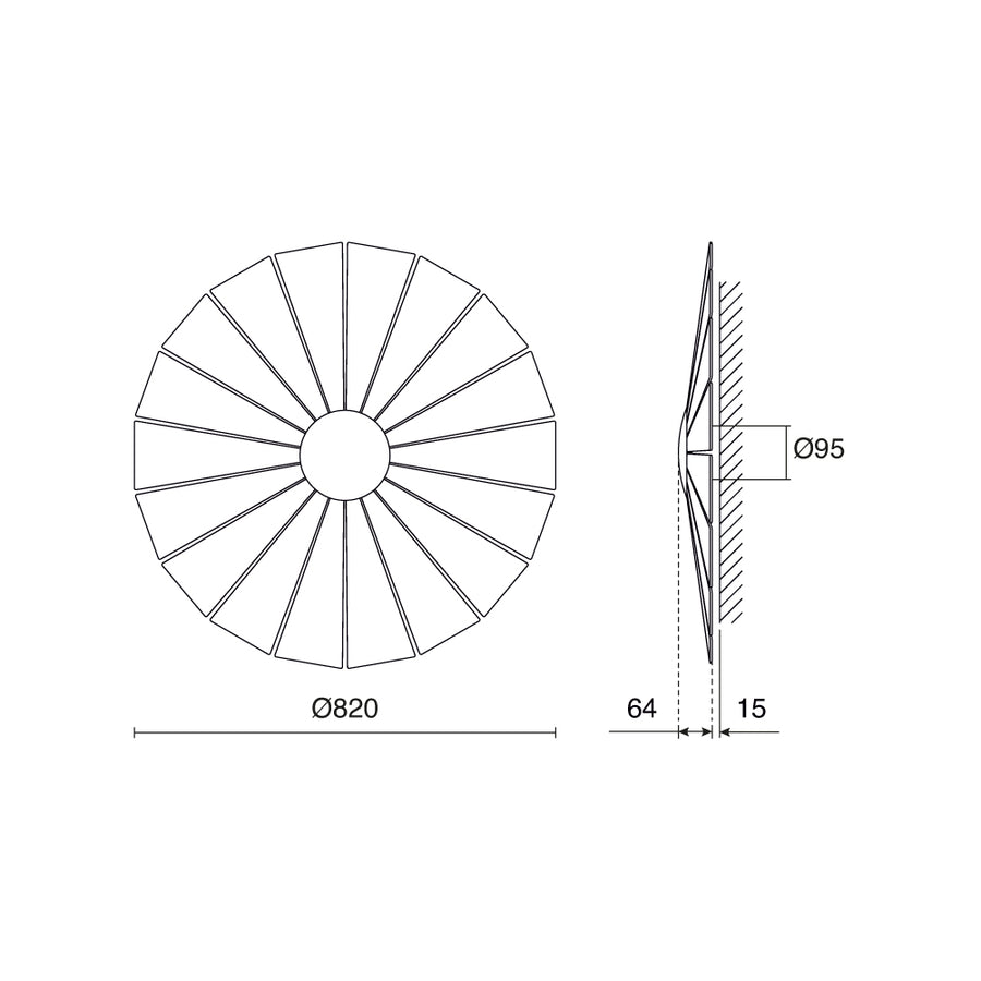 Schéma coté du luminaire : diamètre 820 mm, profondeur 64 mm, fixation murale 15 mm.