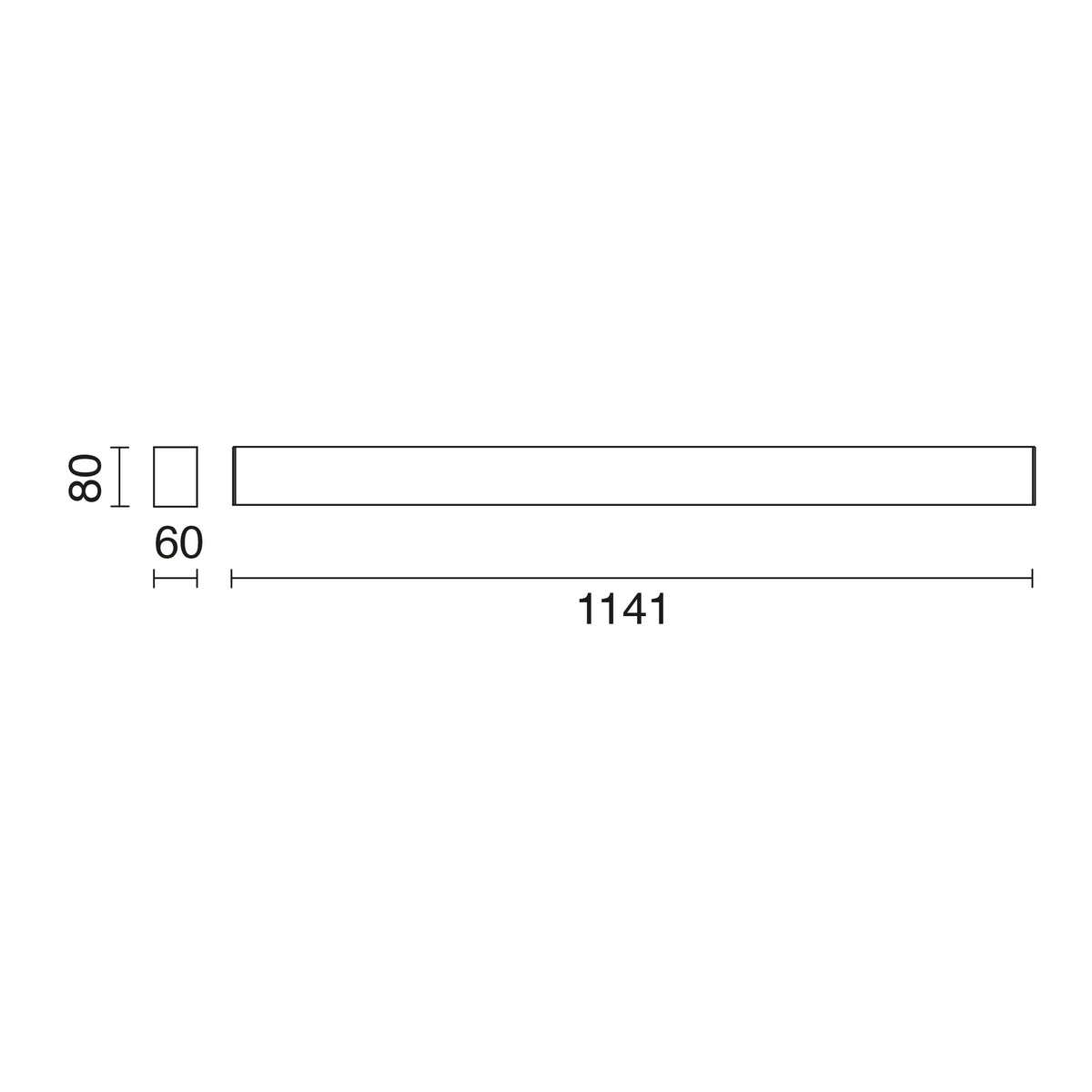 Schéma de dimensions du luminaire : longueur 1141, largeur 60 et hauteur 80 mm