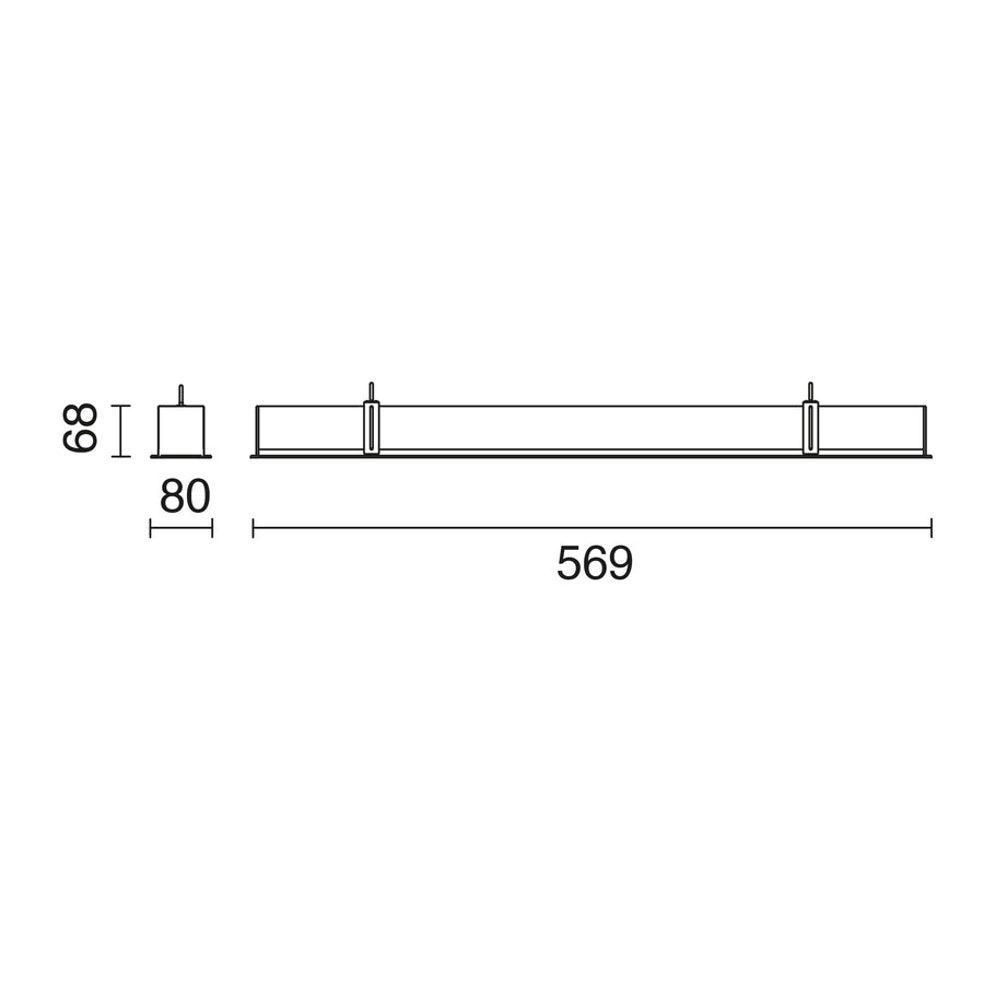 Schéma technique coté du luminaire : largeur 80 mm et longueur 569 mm.