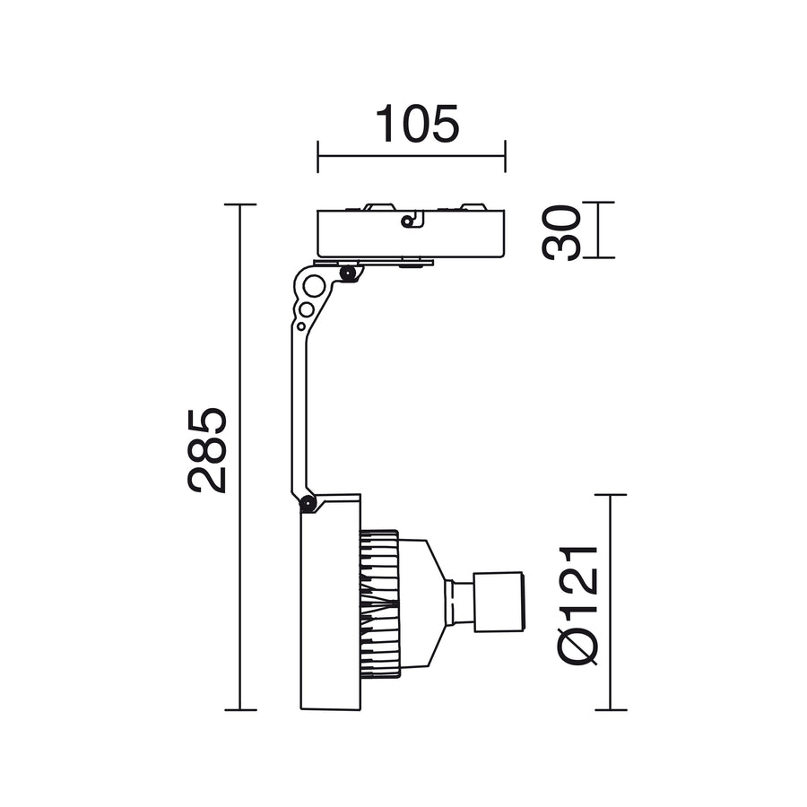 Schéma technique coté du spot, hauteur 285 mm et diamètre de tête 121 mm.