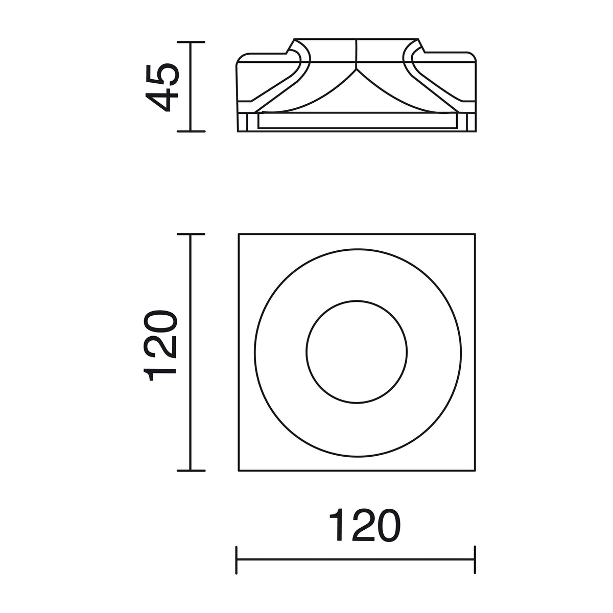 Schéma de dimensions du spot carré : 120 mm de côté et 45 mm de haut.