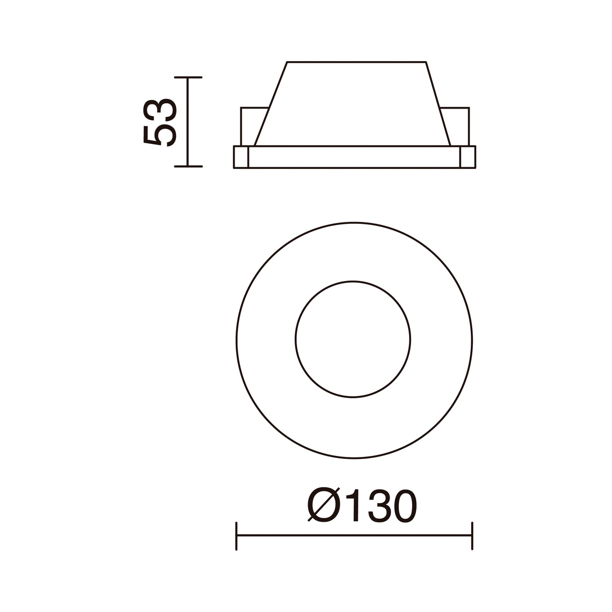 Schéma de dimensions du spot rond : diamètre 130 mm et hauteur 35 mm