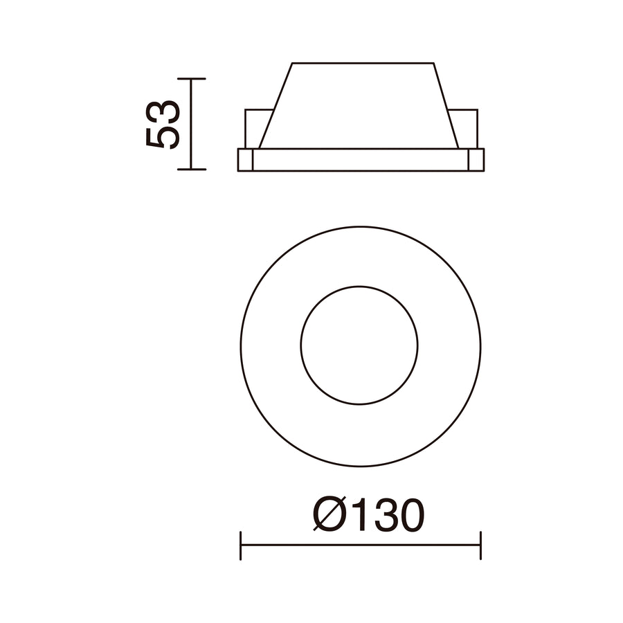 Schéma de dimensions du spot rond : diamètre 130 mm et hauteur 35 mm