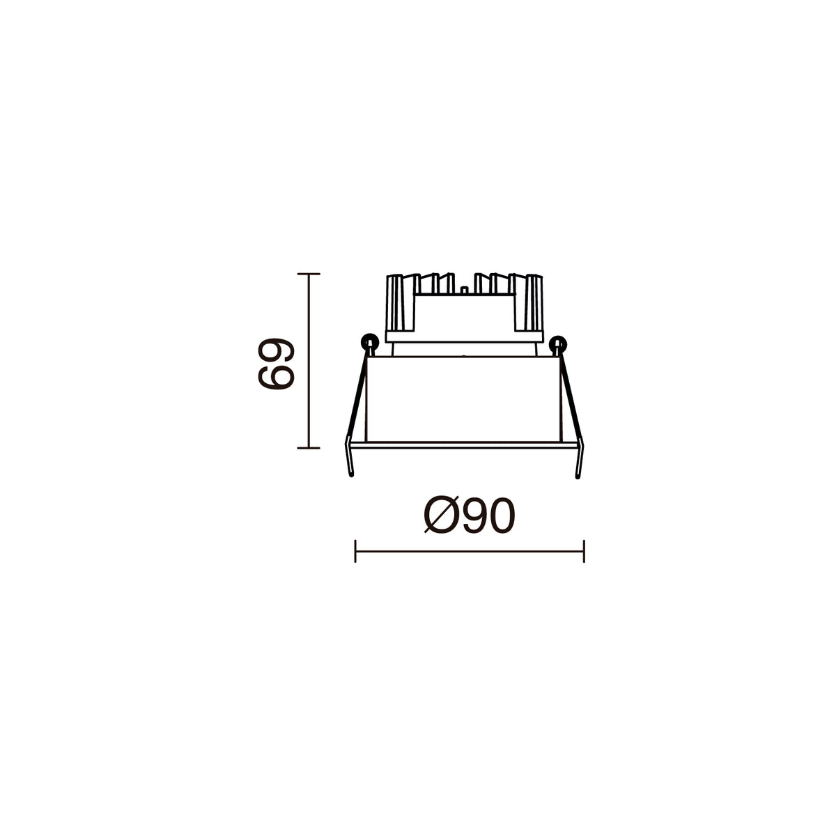 Schéma de dimensions du spot, diamètre 90 mm et hauteur 69 mm.