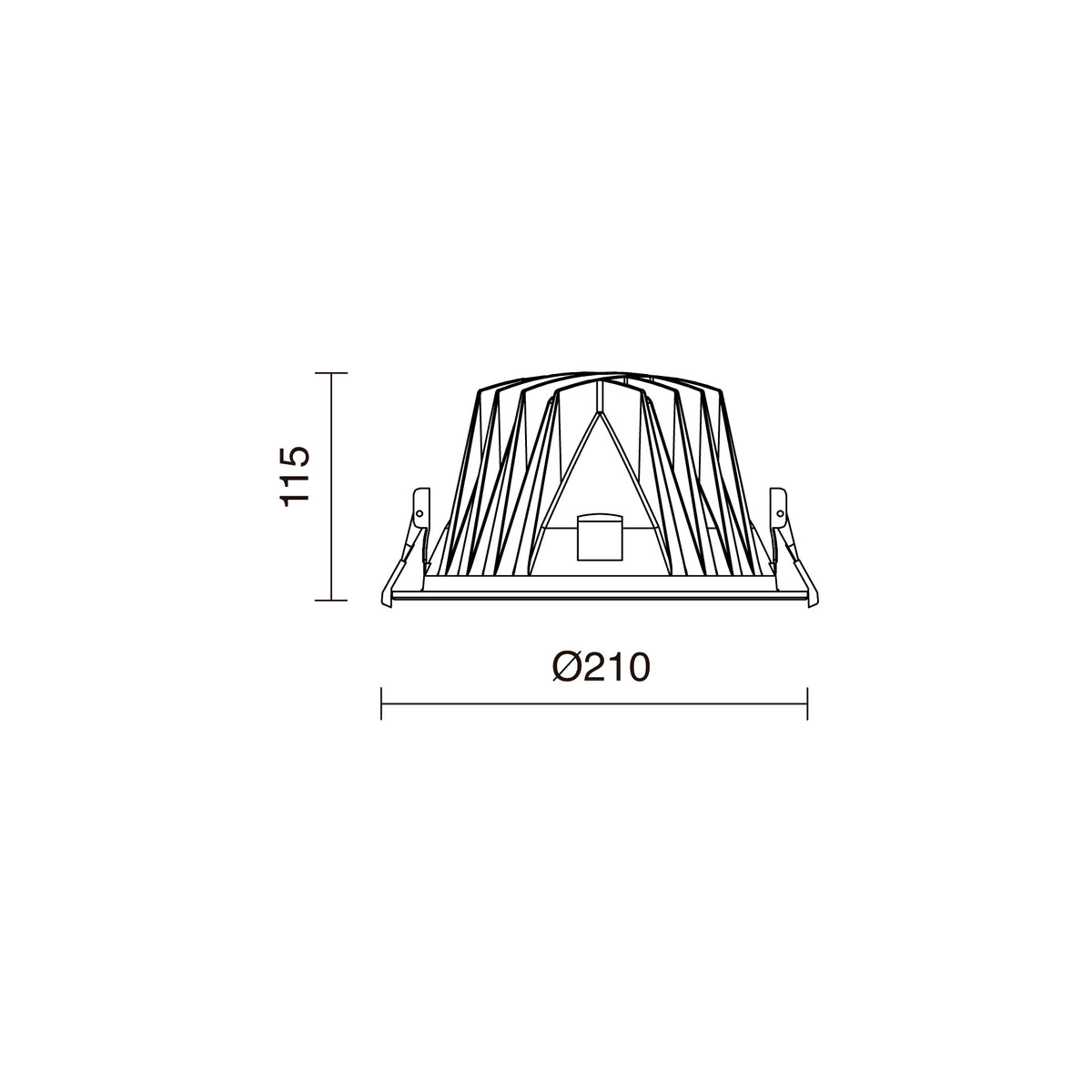 Schéma technique coté du spot avec diamètre 210 mm et hauteur 115 mm.