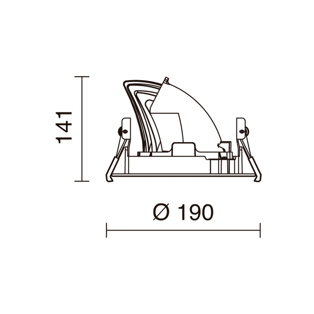 Schéma technique coté du spot, diamètre 190 mm et hauteur 141 mm.