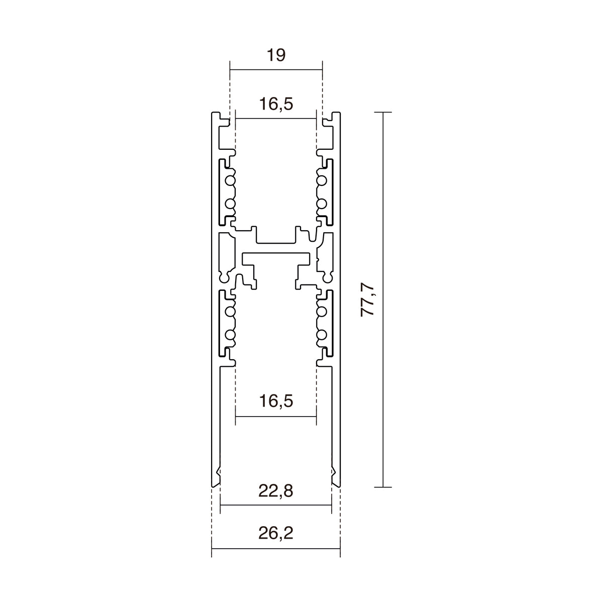 Schéma coté de la section du rail, avec dimensions en millimètres.