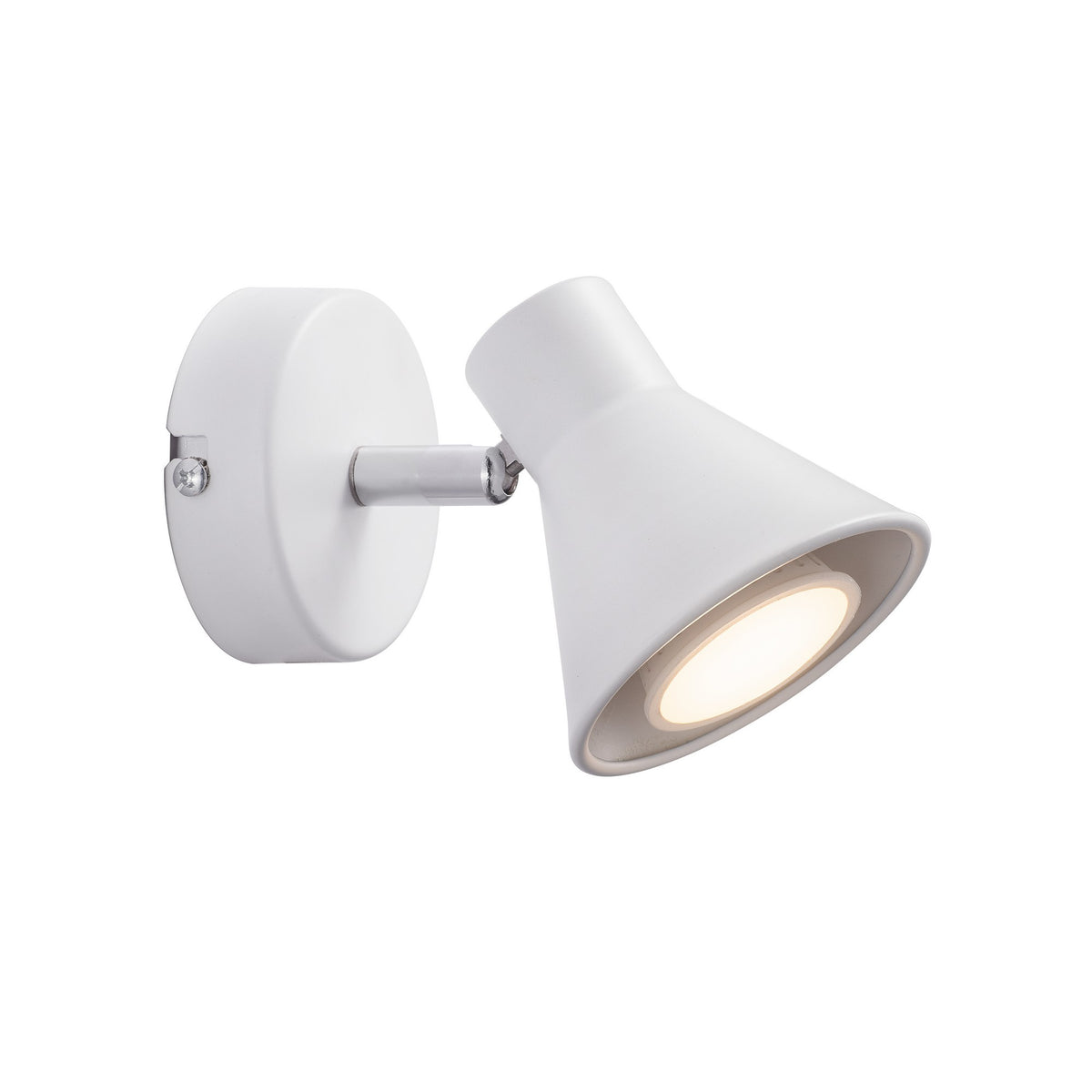 Applique murale blanche orientable, vue de profil avec diffuseur allumé