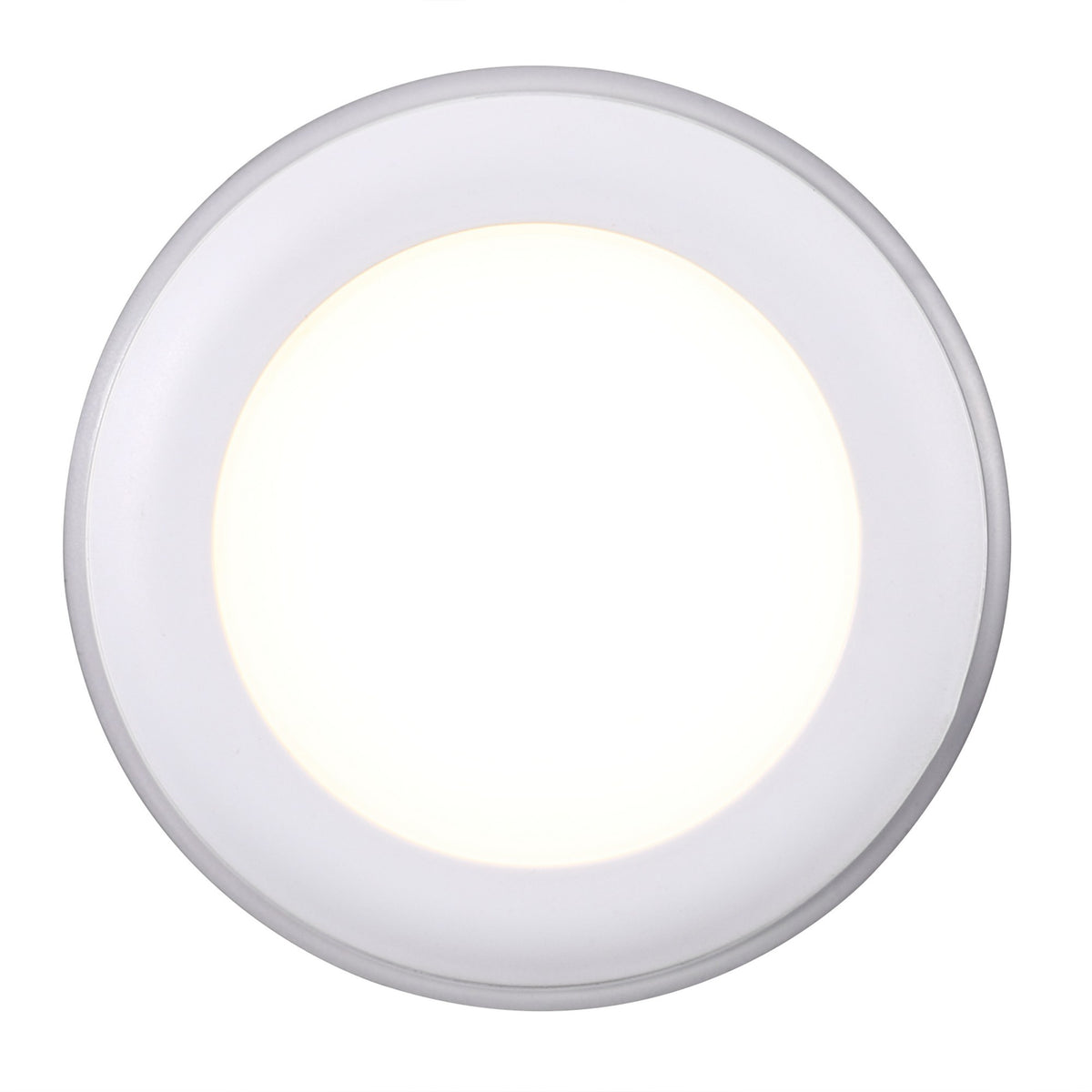 Vue de face du spot rond blanc allumé, diffuseur central lumineux et collerette fine