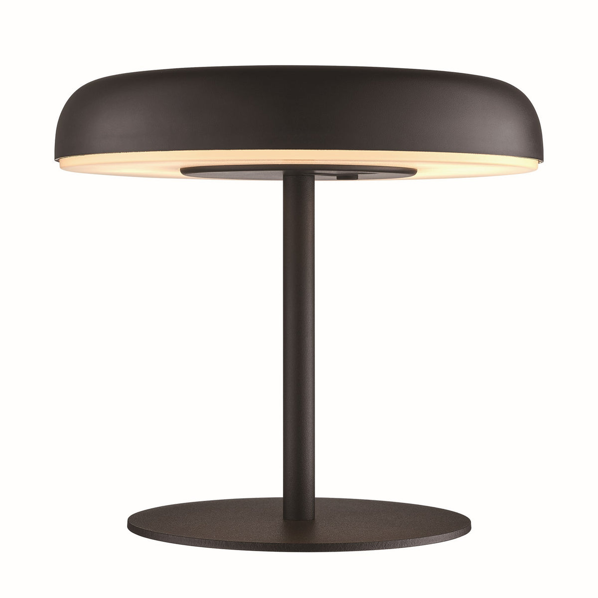 Vue de face du luminaire nomade, abat-jour bombé et halo lumineux