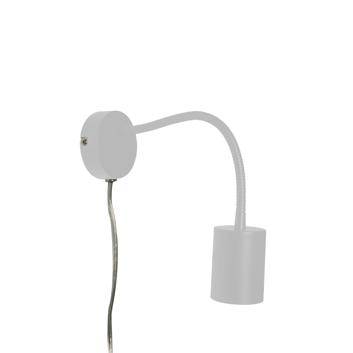 Applique murale blanche à bras flexible et tête cylindrique, vue de face sur fond blanc