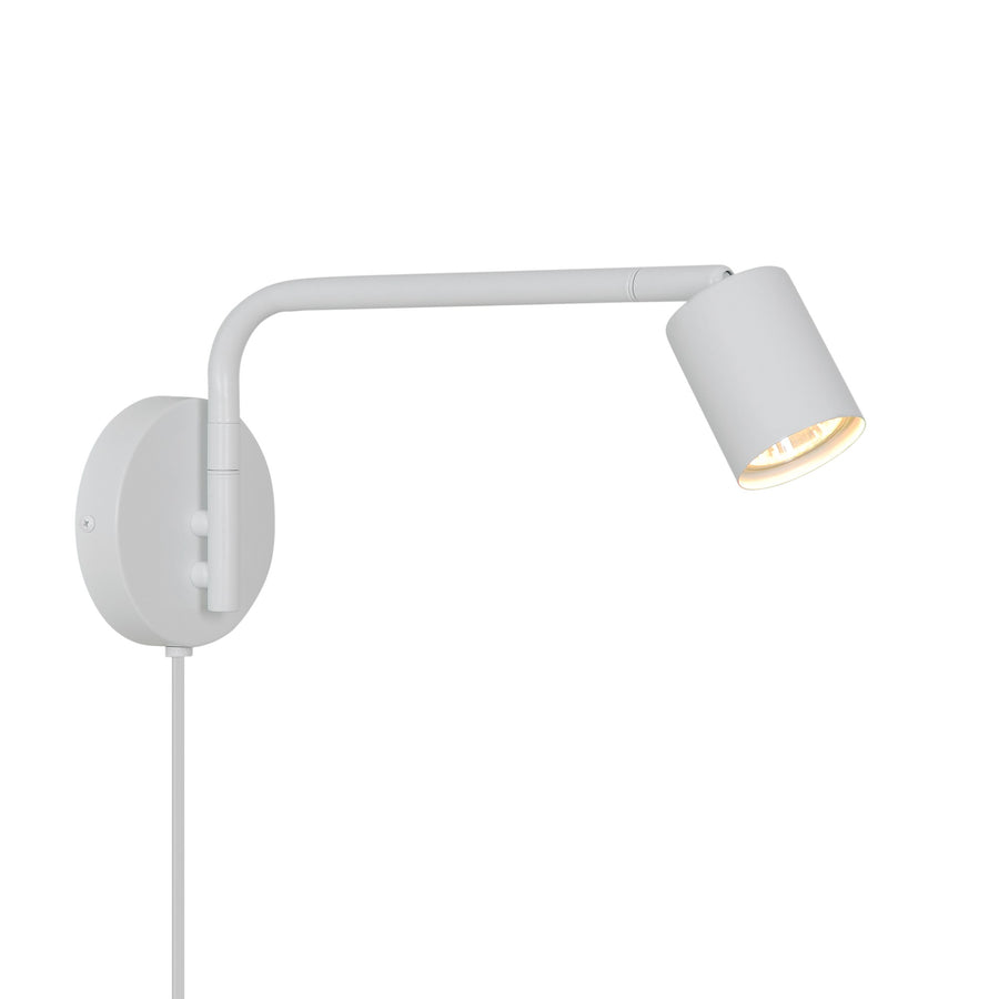 Applique murale blanche de profil, bras articulé horizontal et tête cylindrique orientée vers le bas
