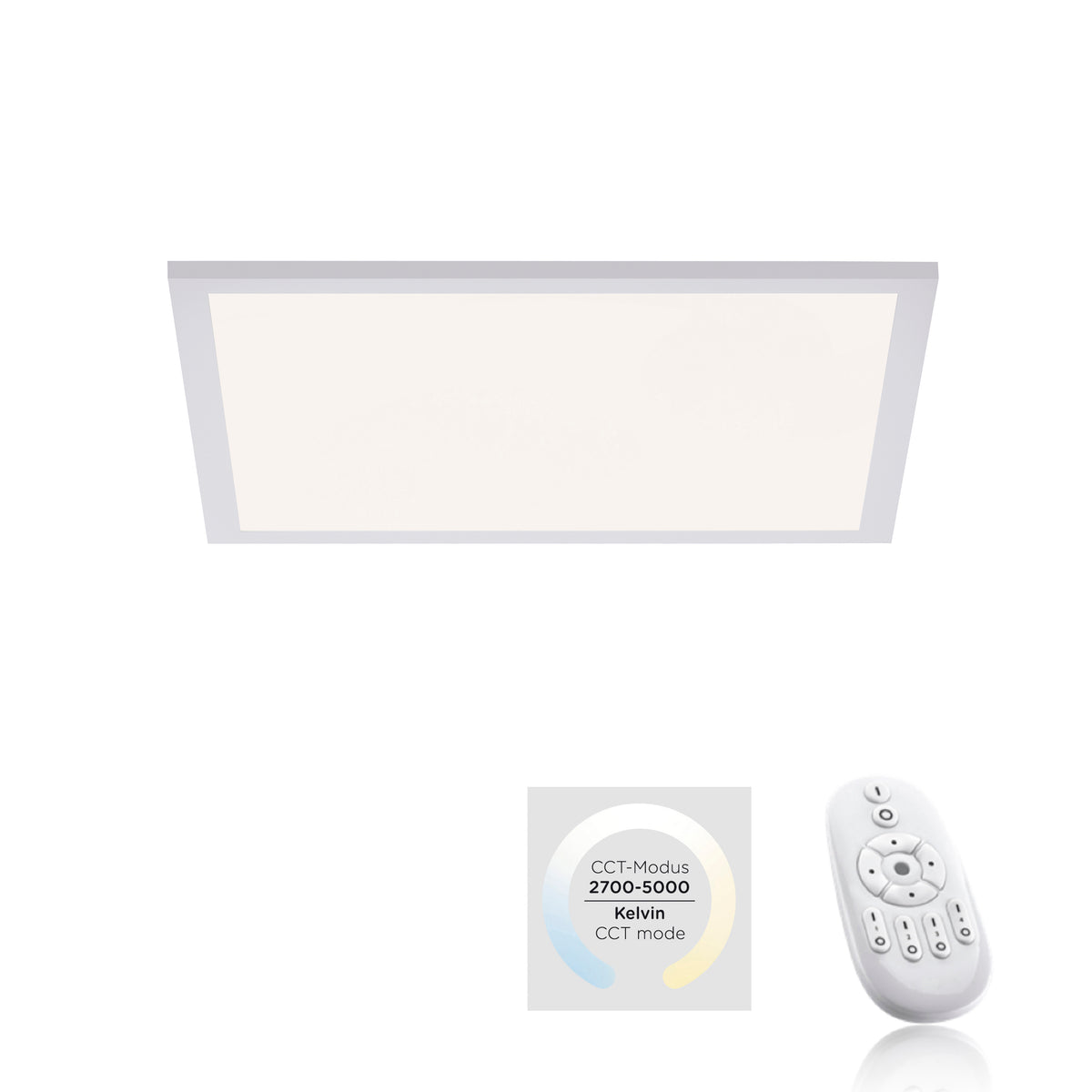 Vue du plafonnier avec télécommande et pictogramme température de couleur CCT 2700-5000 K.