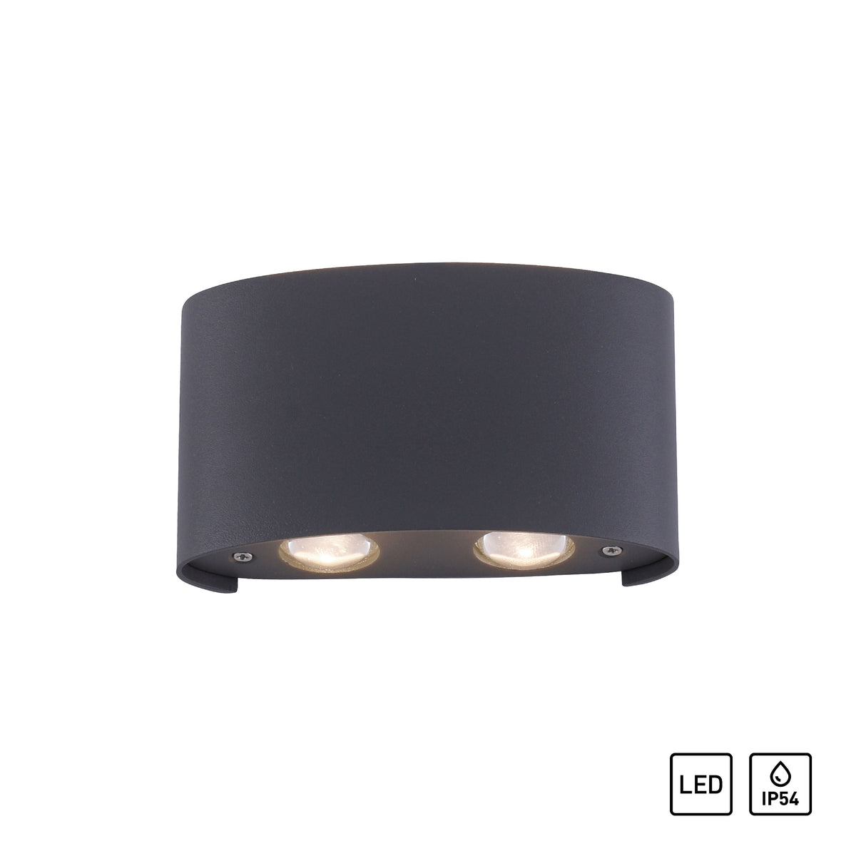 Vue de face sur fond blanc avec pictogrammes LED et IP54