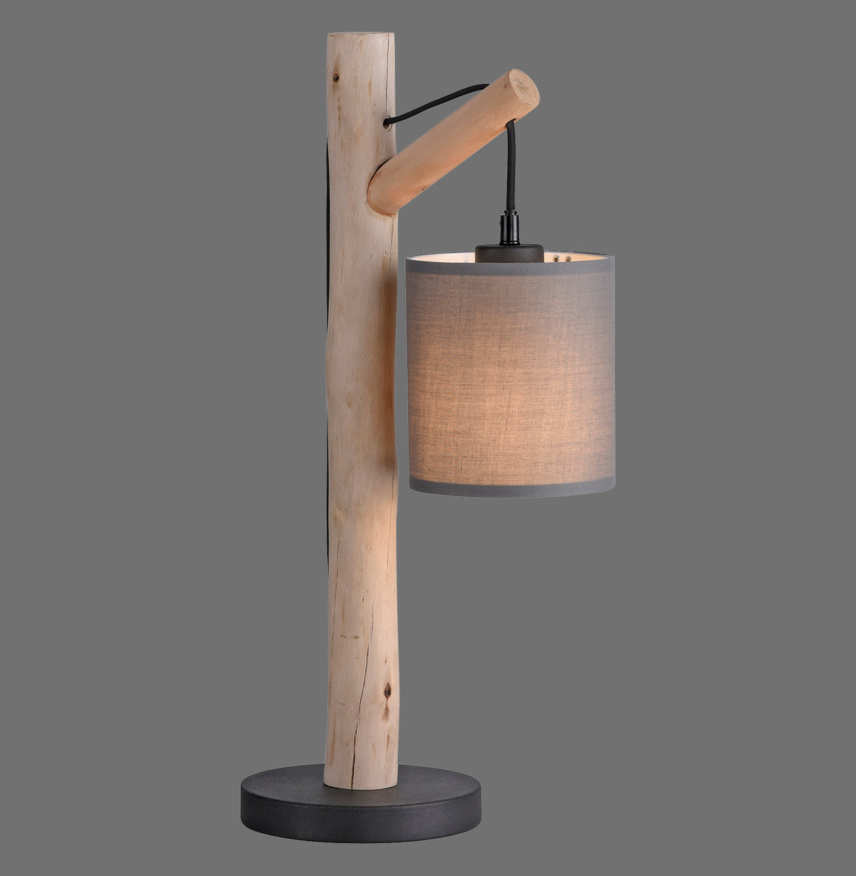Lampe à poser en bois brut et abat-jour cylindrique beige vue de face