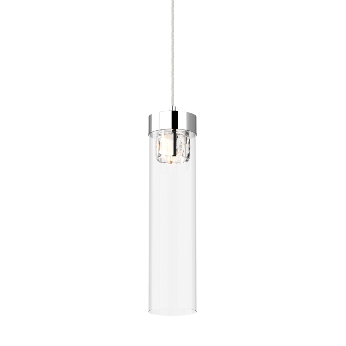 Gros plan sur le haut du luminaire, montrant l'anneau chromé et le cristal éclairé.