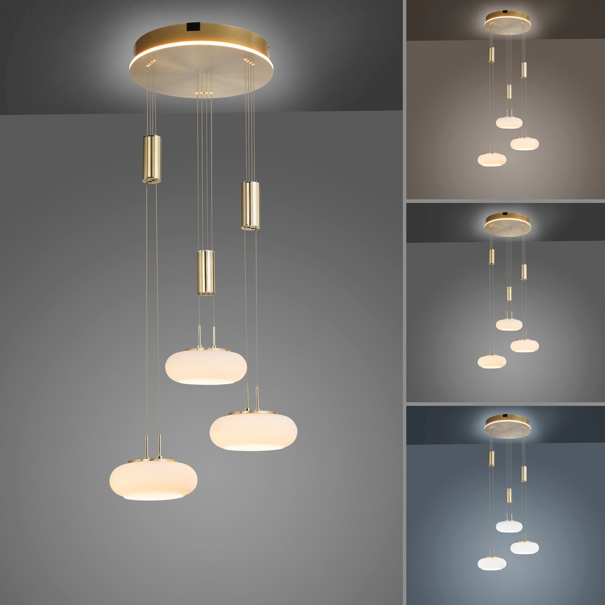 Planche comparative montrant le luminaire sous quatre éclairages et ambiances de couleur différentes.