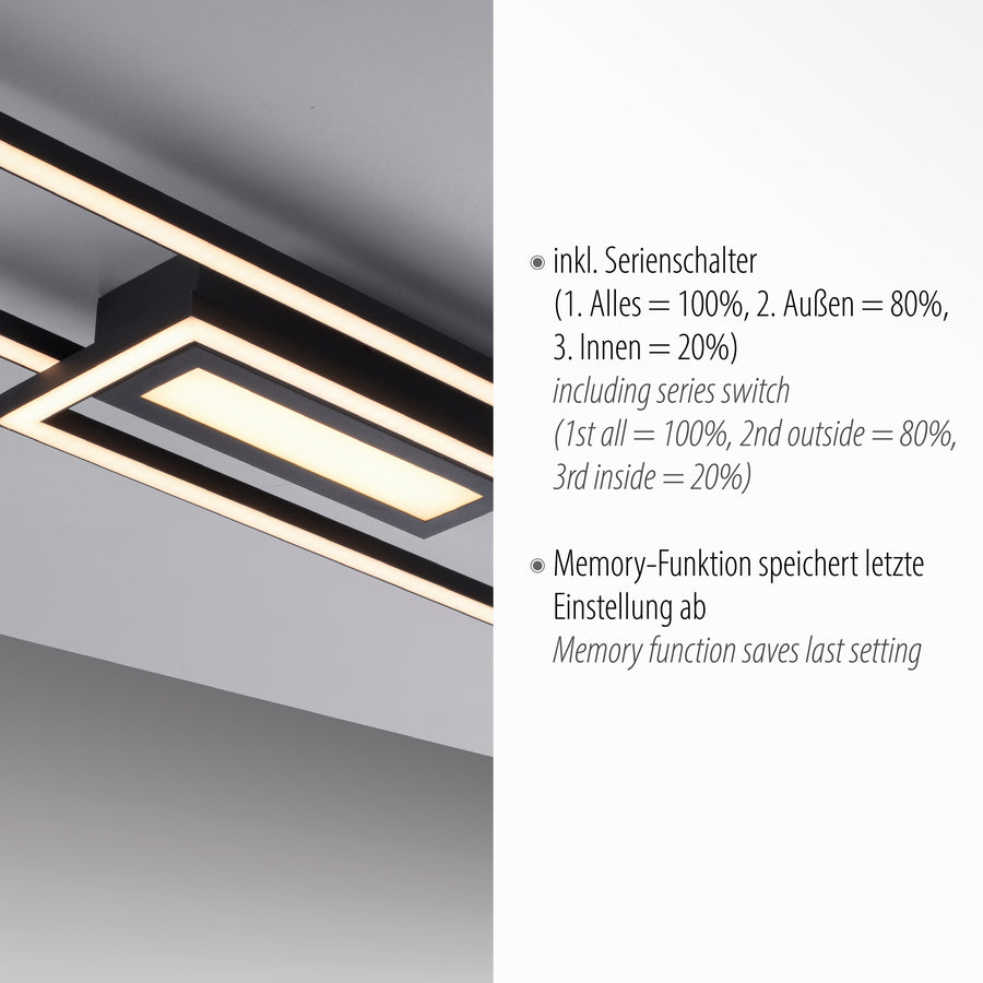 Détail du plafonnier avec texte sur variateur et mémoire, cadre noir et LED.