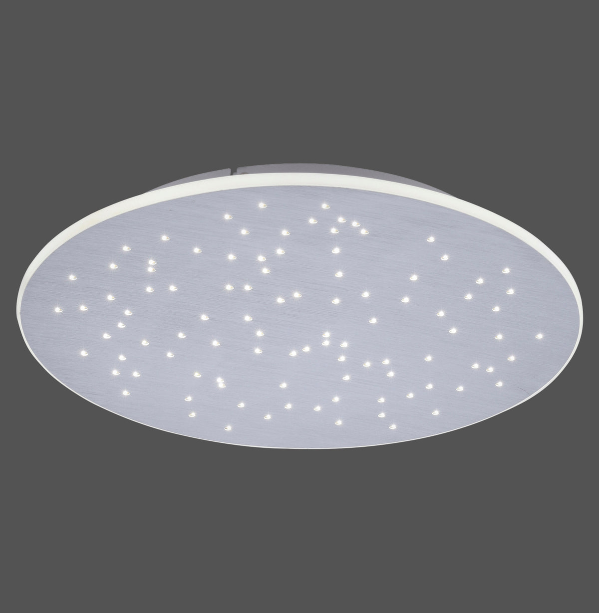 Plafonnier ovale en aluminium brossé vu de face, semis de points LED scintillants