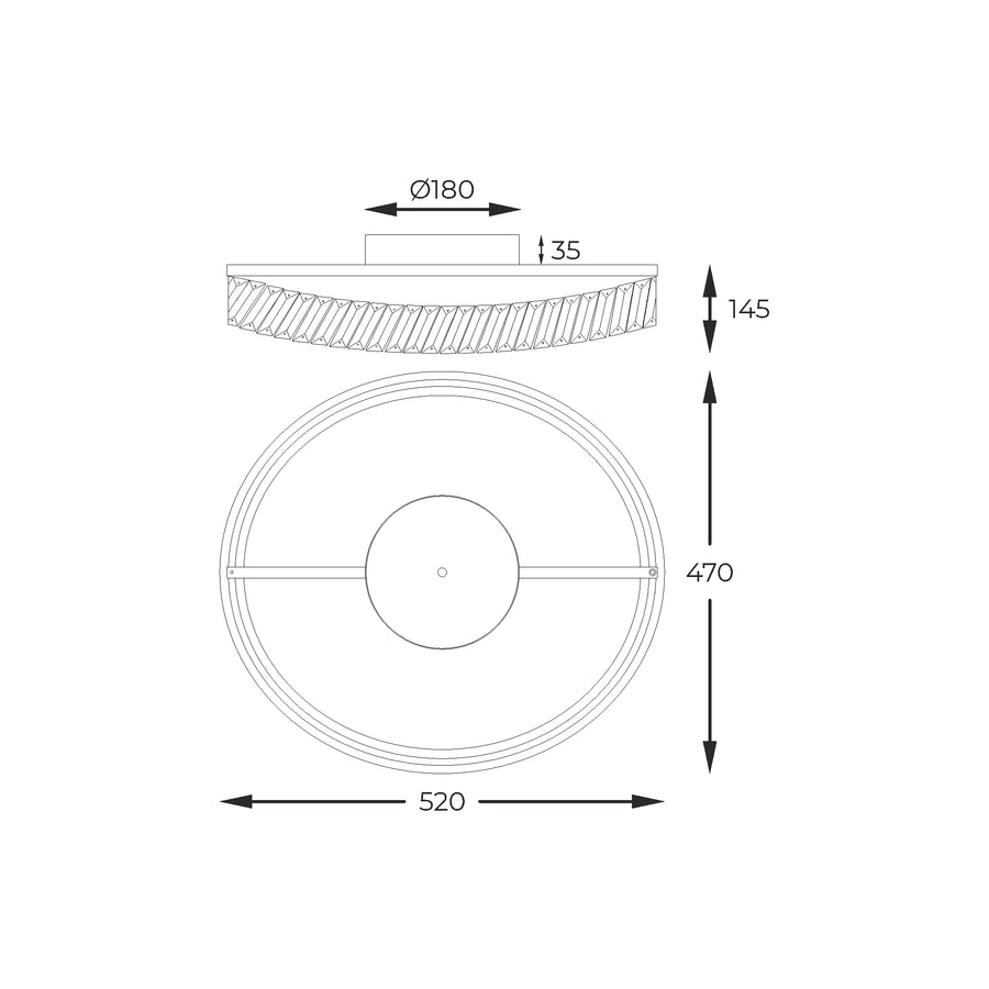 Schéma coté présentant les dimensions du luminaire : 520 mm de large, 145 mm de hauteur.