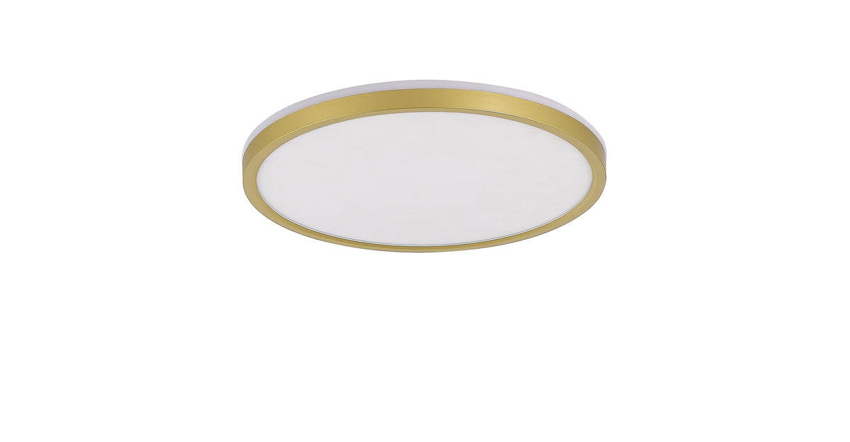 Plafonnier rond doré vu de face, large diffuseur blanc et fin anneau laiton