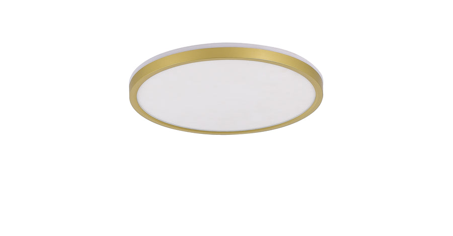 Plafonnier rond doré vu de face, large diffuseur blanc et fin anneau laiton