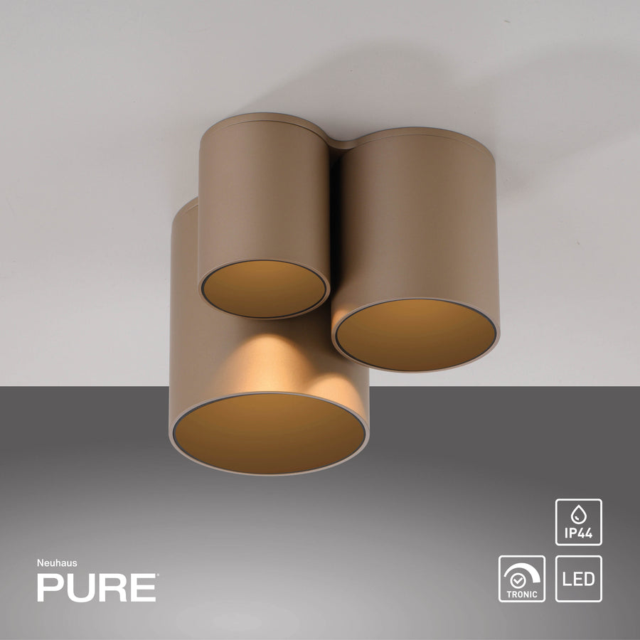 Vue de dessous du luminaire fixé au plafond, avec pictogrammes IP44 et LED.