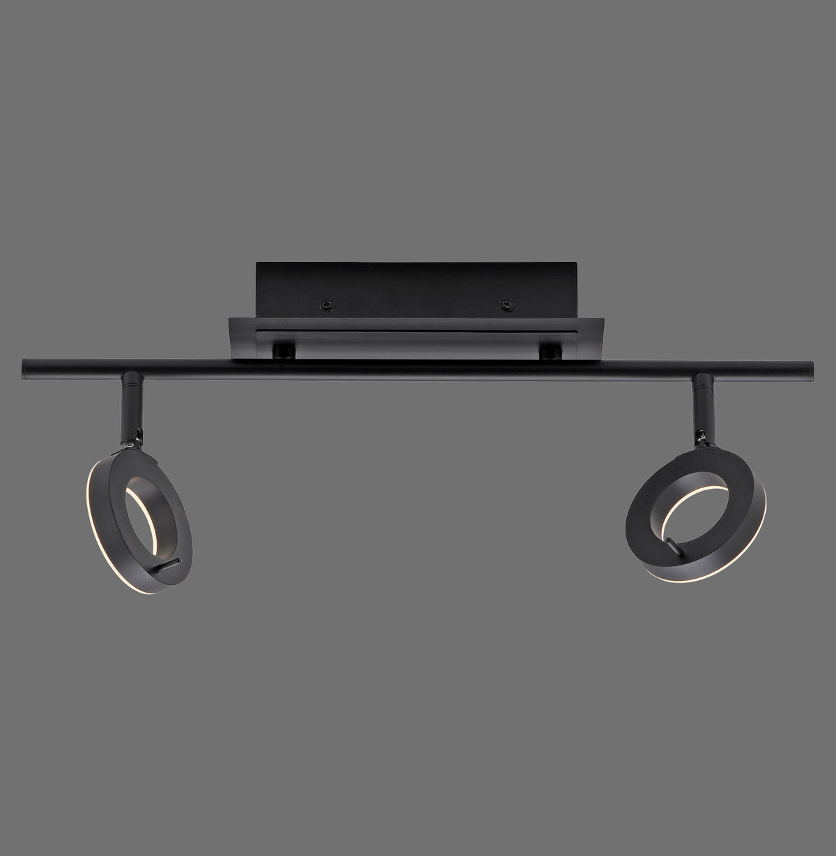 Vue de face du plafonnier noir avec deux spots anneaux orientables