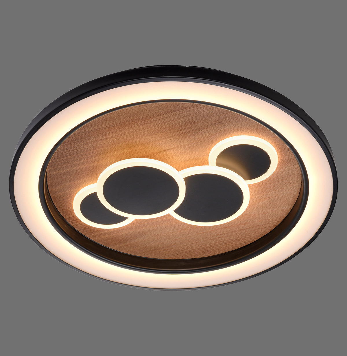 Vue de face d'un plafonnier ovale noir et bois avec cercles LED.