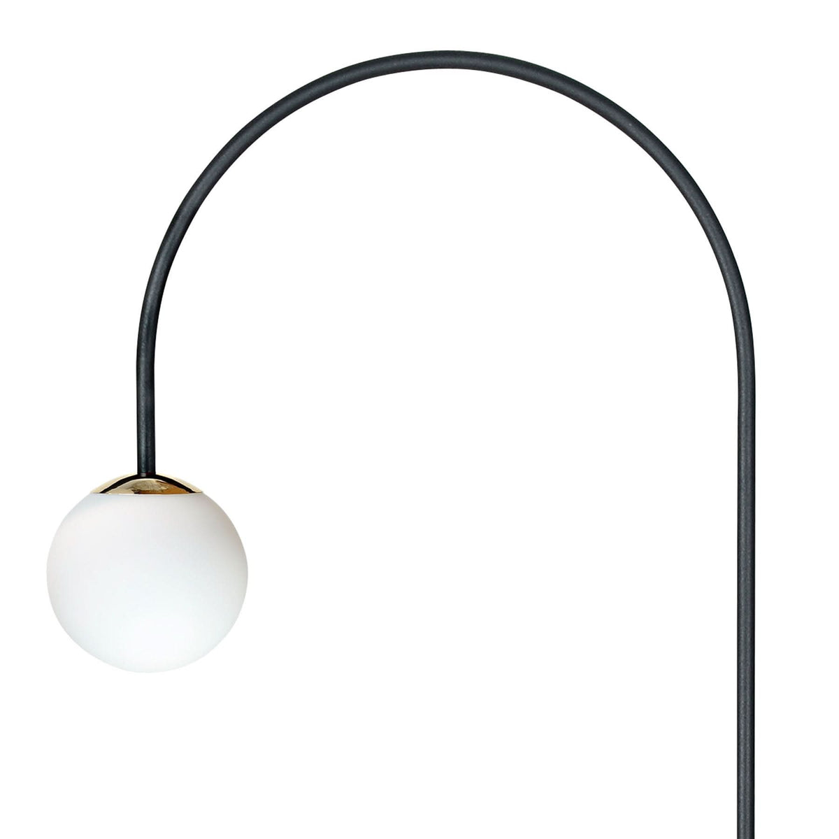 Détail du haut : arc noir arrondi et sphère opaline suspendue à son extrémité
