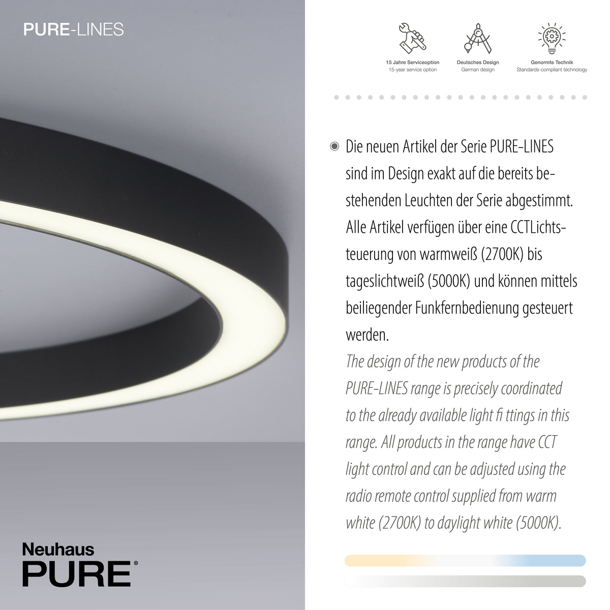Gros plan sur la finition anthracite et le bandeau lumineux, avec textes techniques allemand et anglais.