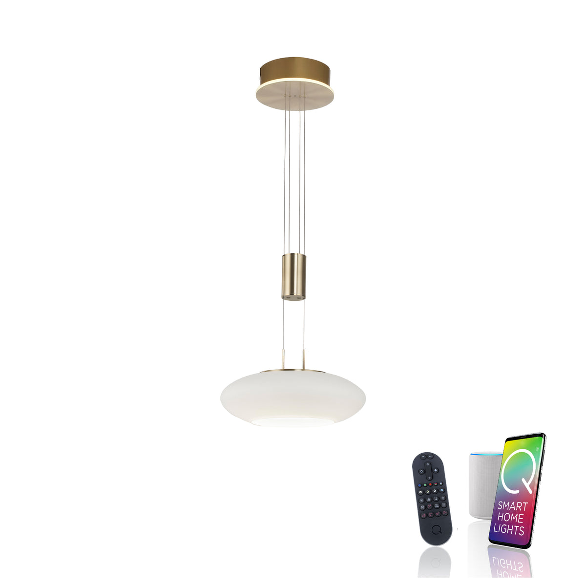 Suspension accompagnée d'une télécommande, d'un smartphone et d'une enceinte connectée
