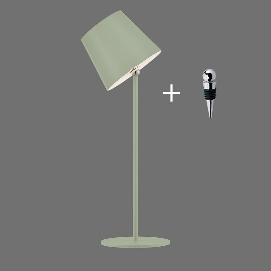 Lampe à poser verte inclinée avec bouchon de bouteille chromé et signe plus