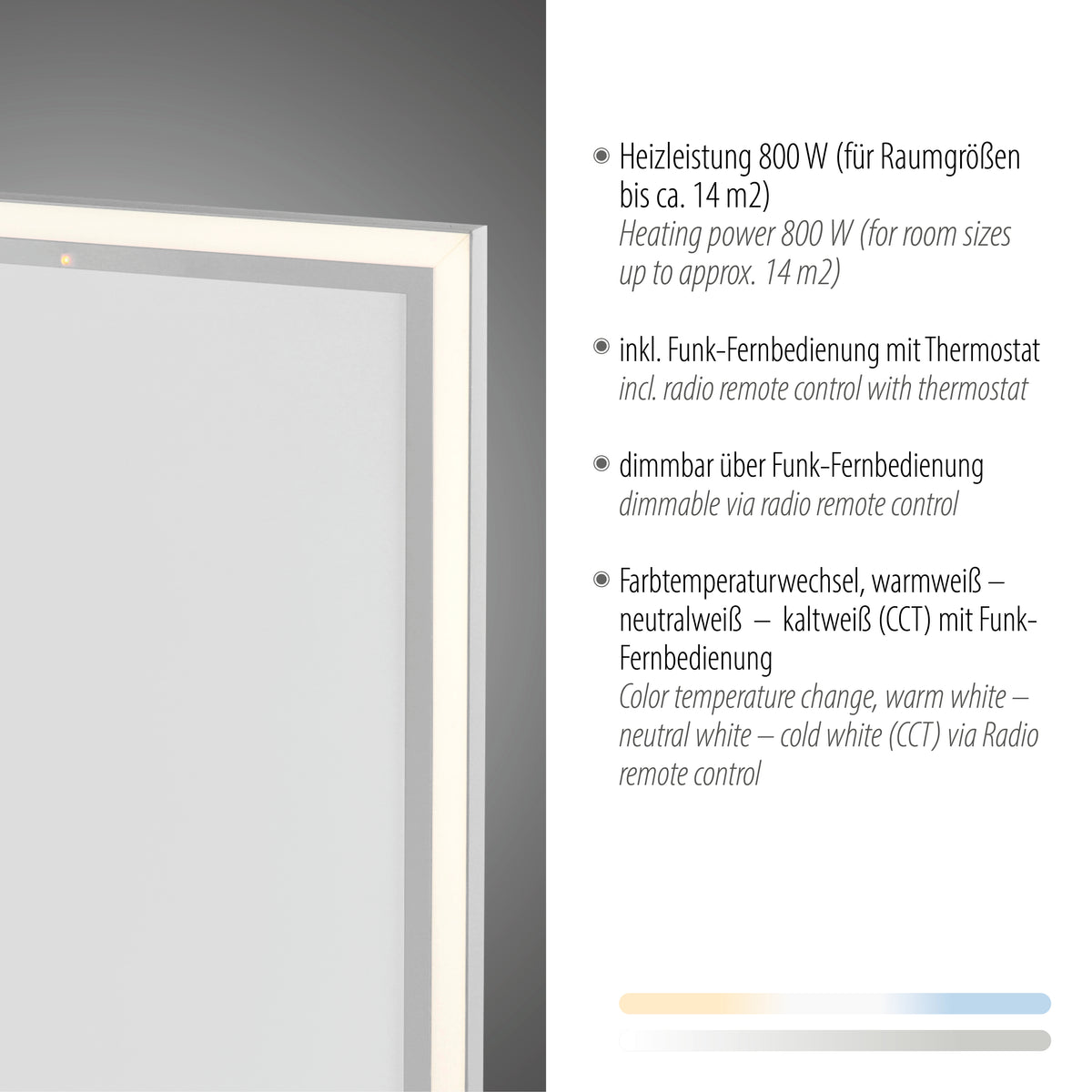 Détail du coin du cadre lumineux, avec texte sur puissance 800 W et variateur.
