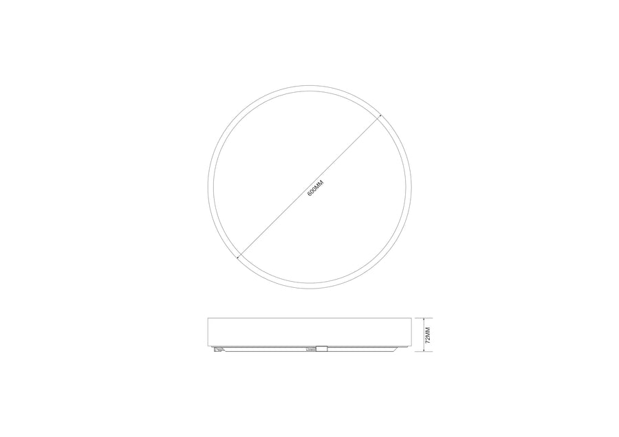 Schéma technique coté du plafonnier, diamètre 600 mm et hauteur 72 mm