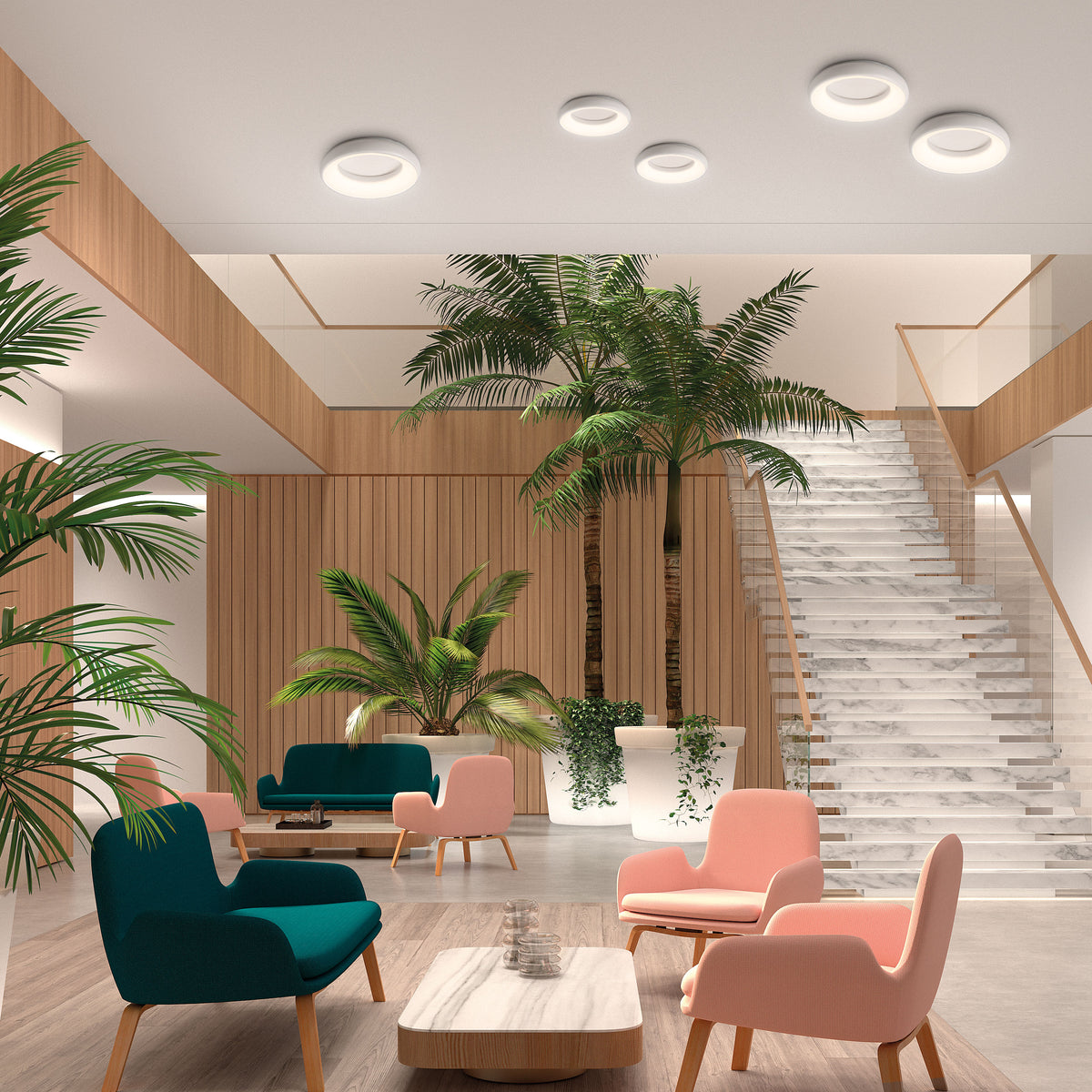 Mise en ambiance dans un hall avec plusieurs plafonniers ronds au plafond.