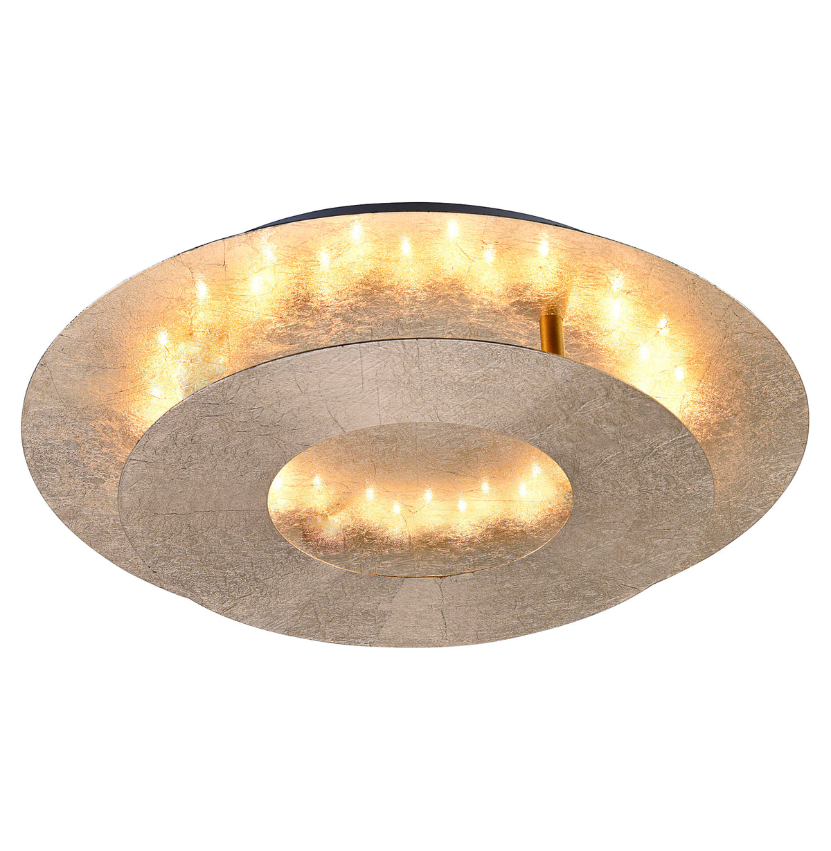 Présentation sur fond blanc du luminaire rond à finition feuille dorée et LED.