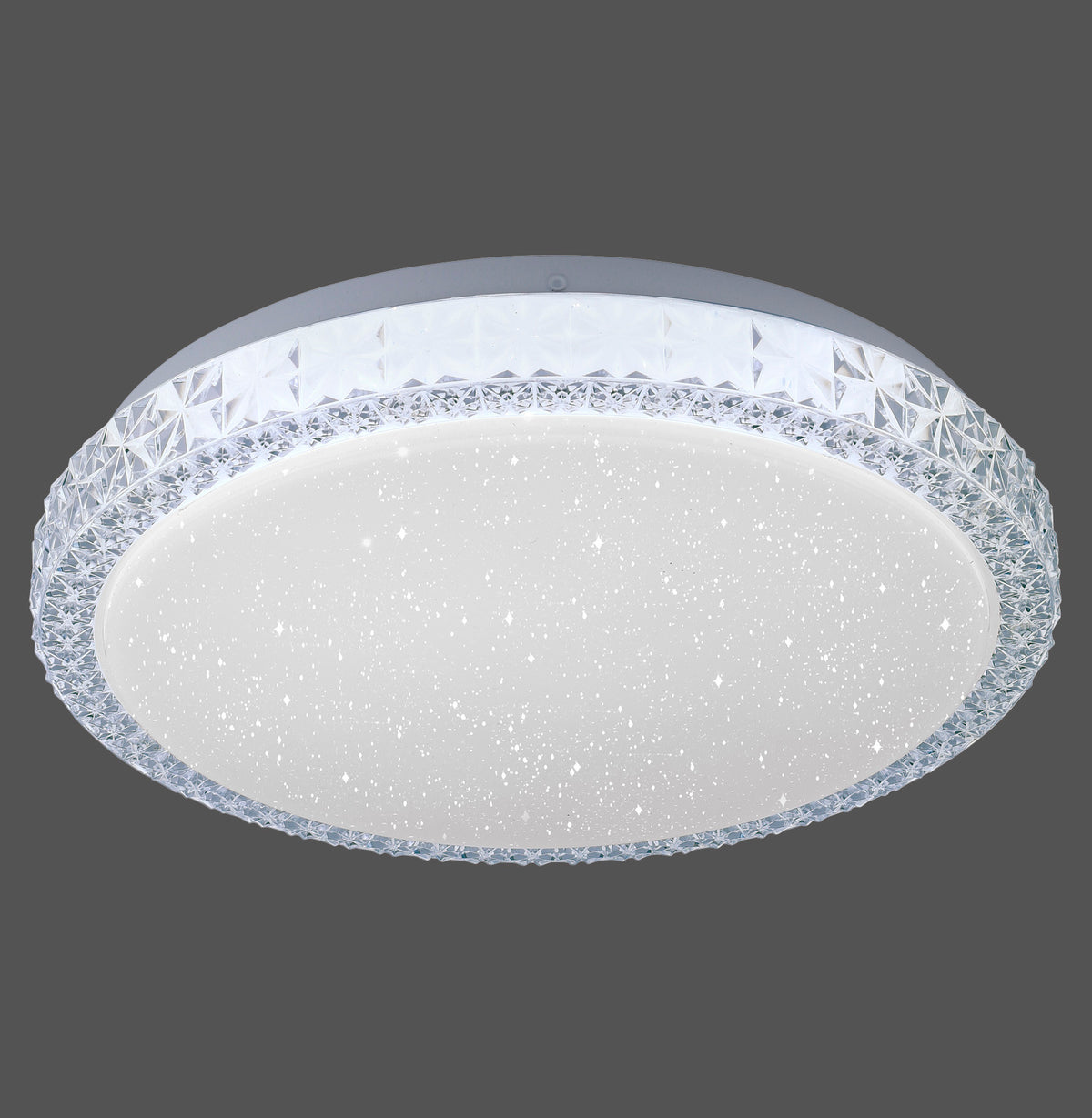 Plafonnier rond transparent vu de face, bord facetté et diffuseur étoilé sur fond gris