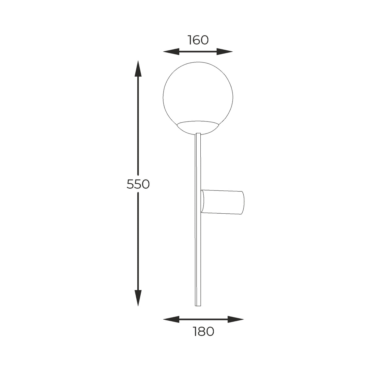 Schéma de dimensions du luminaire : hauteur 550 mm, largeur 180 mm, globe 160 mm.