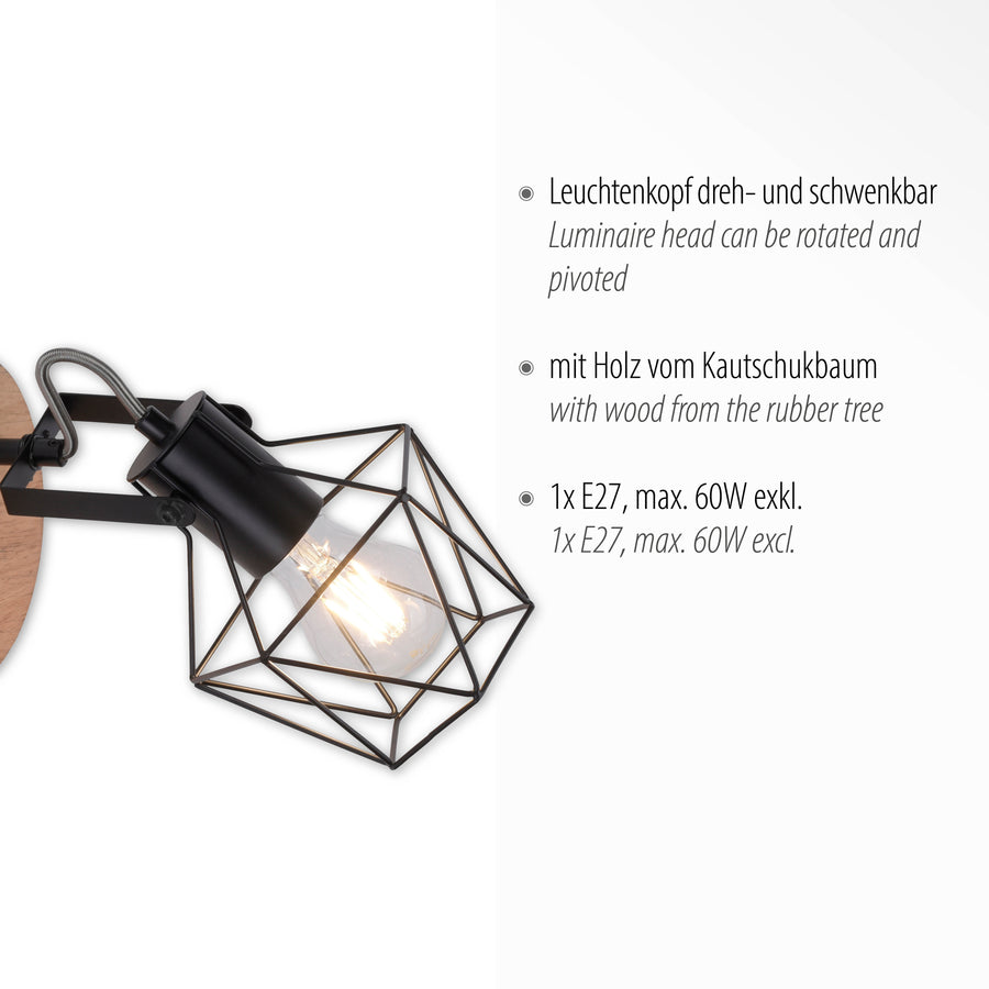 Fiche technique illustrée, tête orientable, bois d'hévéa et douille E27 soixante watts