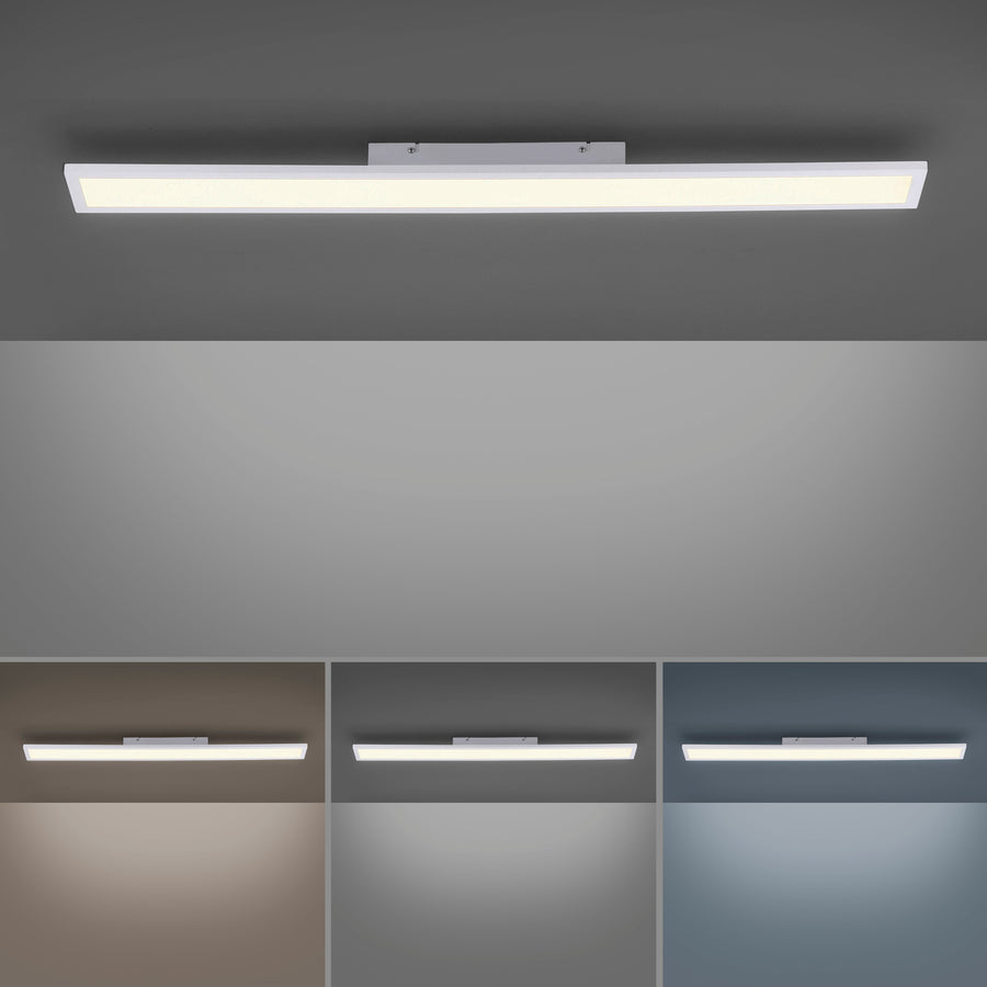 Luminaire allumé au plafond avec différentes températures de couleur blanc chaud à froid.
