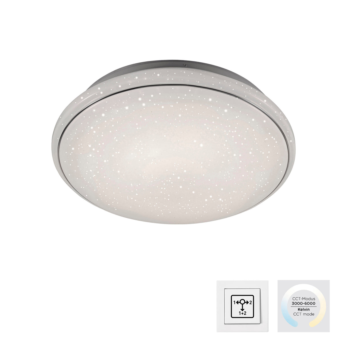Présentation du plafonnier blanc sur fond blanc avec pictogrammes de réglage CCT.