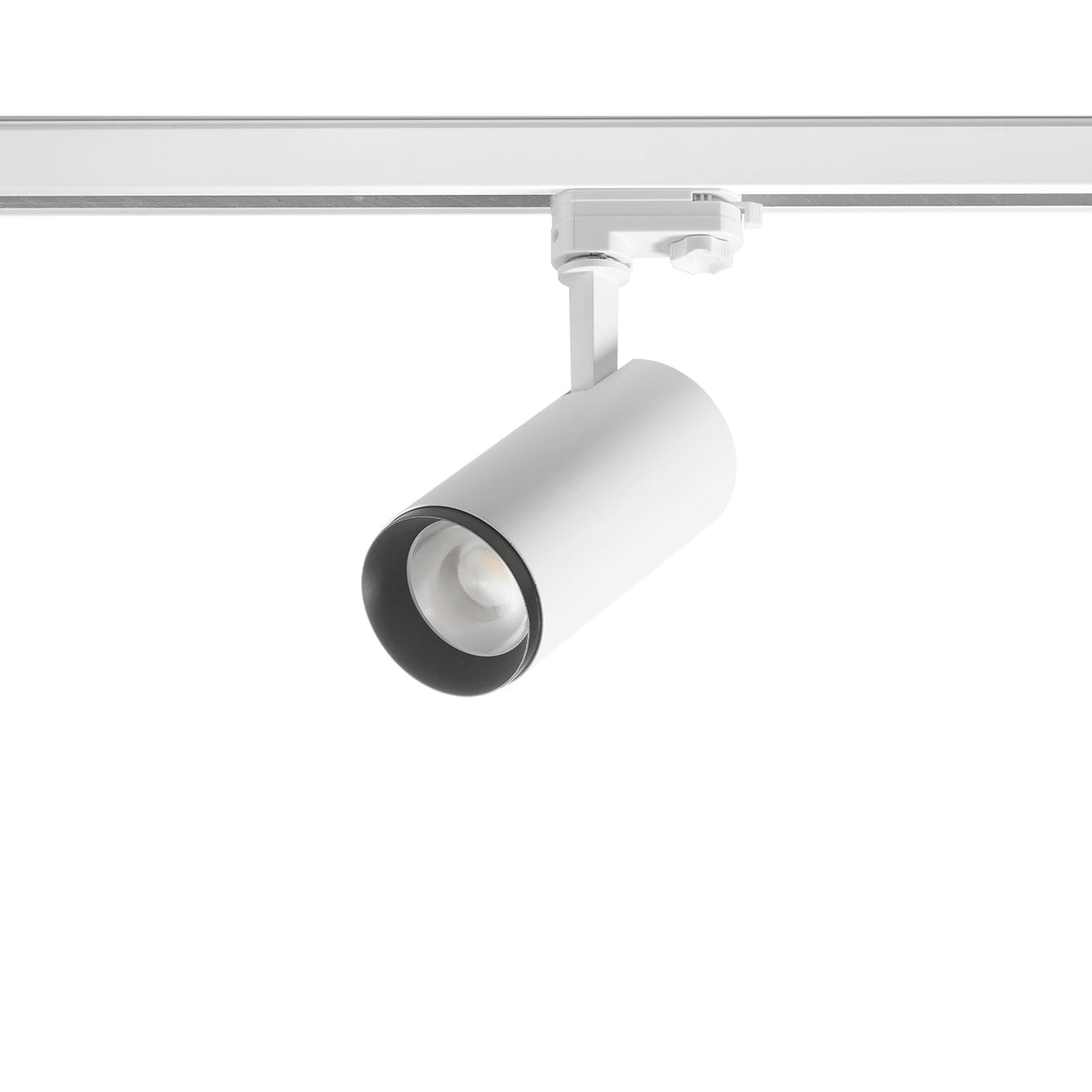 Spot blanc sur rail, orientable, vu de trois quarts avec LED intégrée visible.