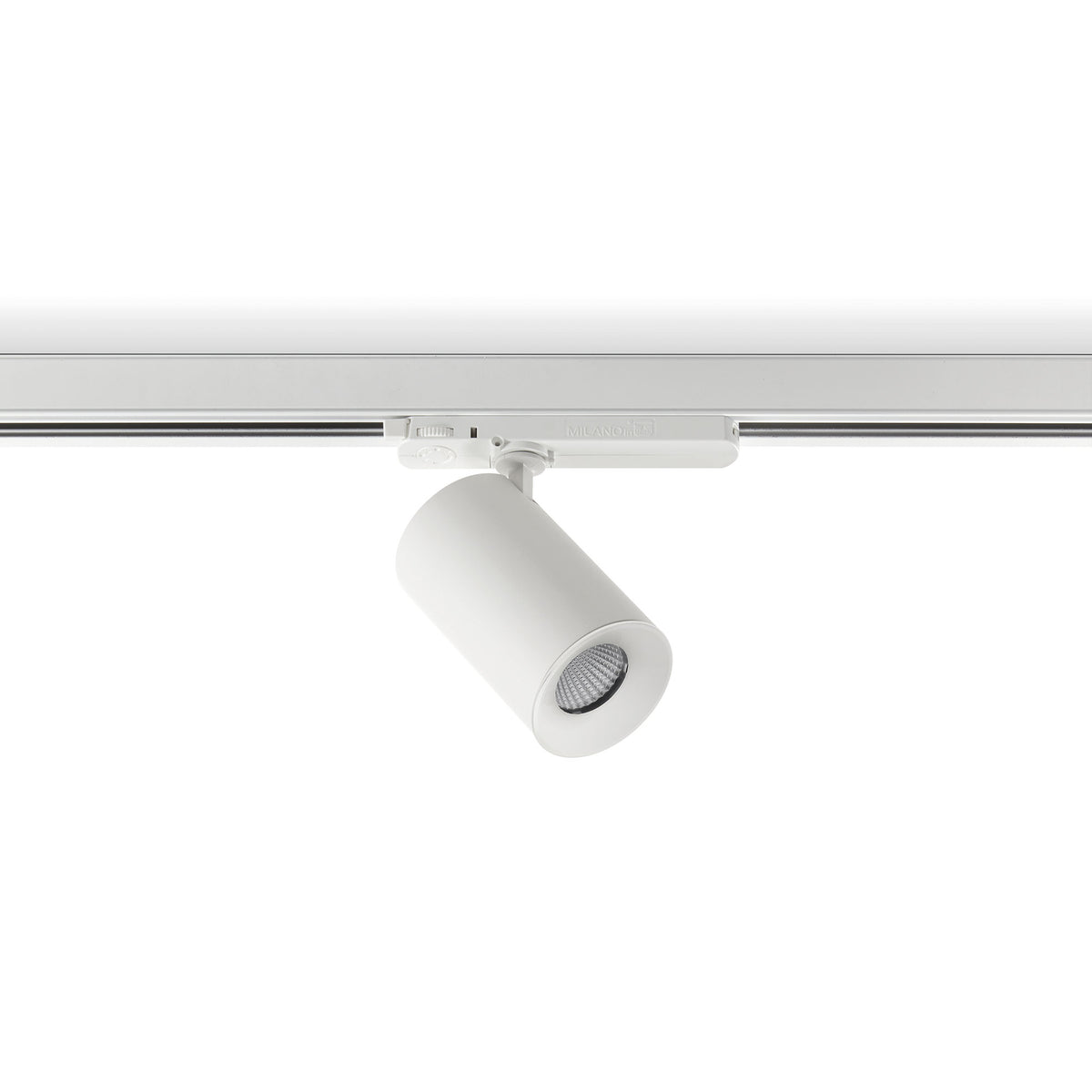 Spot blanc sur rail, corps cylindrique incliné, LED visible de trois quarts.